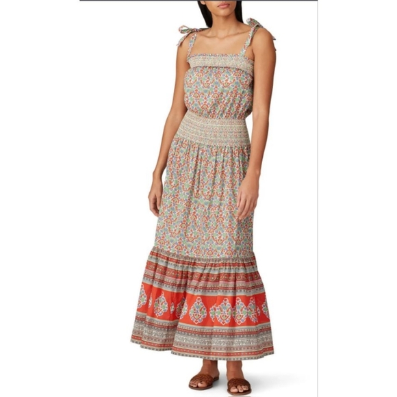 Tory Burch Legacy Paisley Smocked Tie Shoulder Cotton Maxi Dress Size Small - Picture 1 of 14